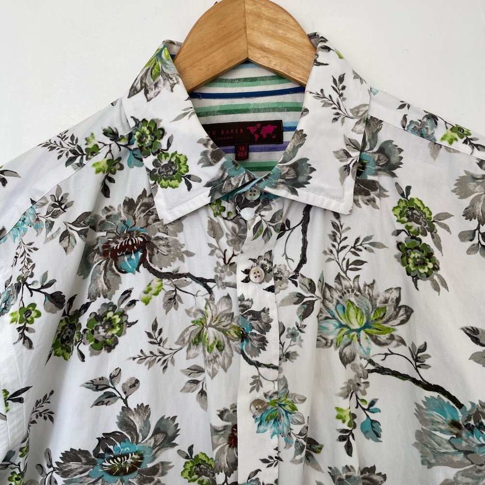 Ted Baker White Floral Collared Shirt with Green & Teal Accents